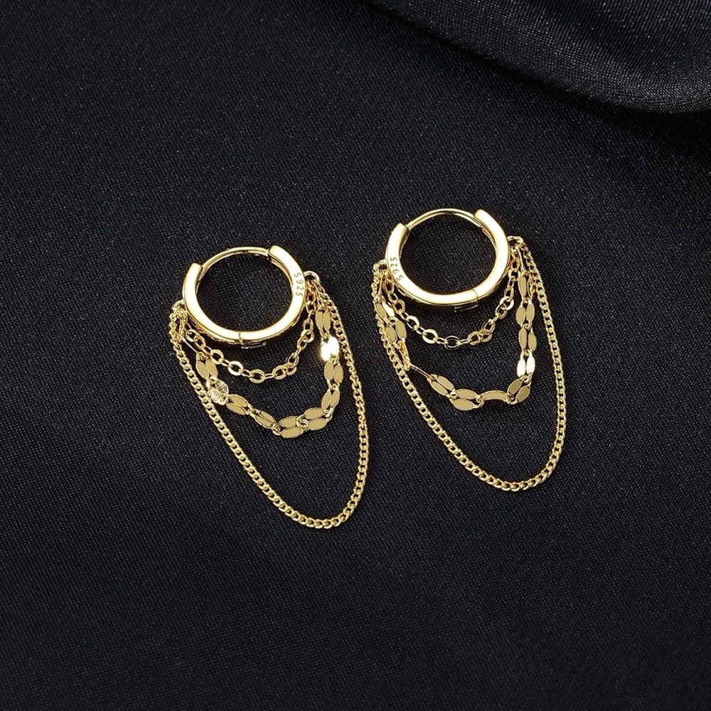 Gold Dangle Chain Hoop Earrings - Picture 4 of 5